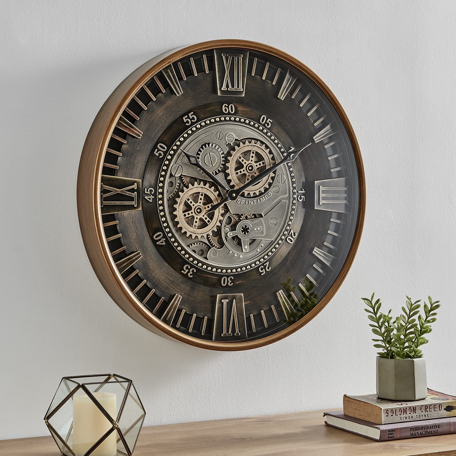 Large 24 Inch Moving Gear Wall Clock for Farmhouse Living Room Decor