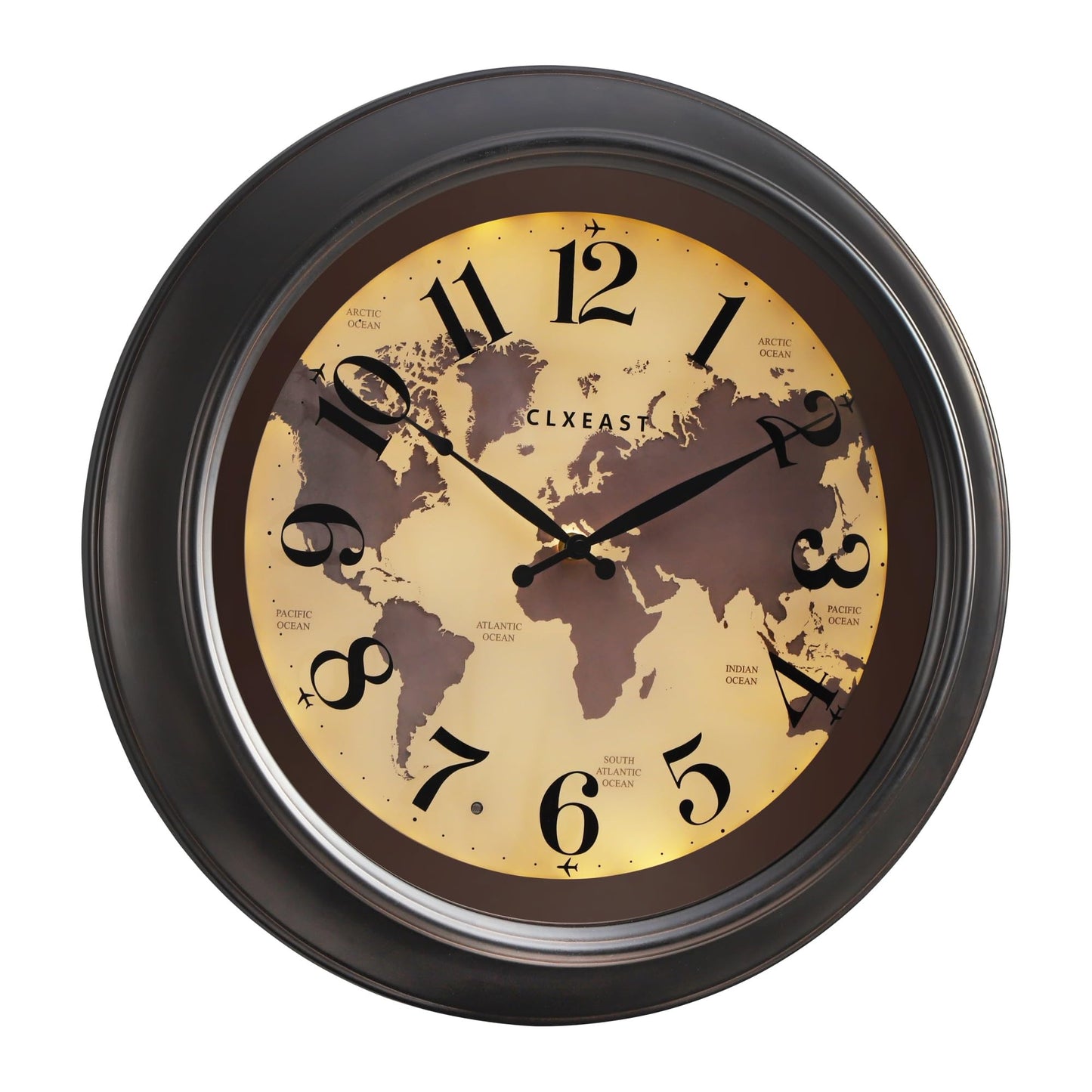 CLXEAST 18 Inch Glow in Dark Wall Clock with Smart Sensor for Living Room Decor,Large Modern Farmhouse Lighted Wall Clock with World Map,Decorative Silent Wall Clock,Oil Rubbed Bronze Black