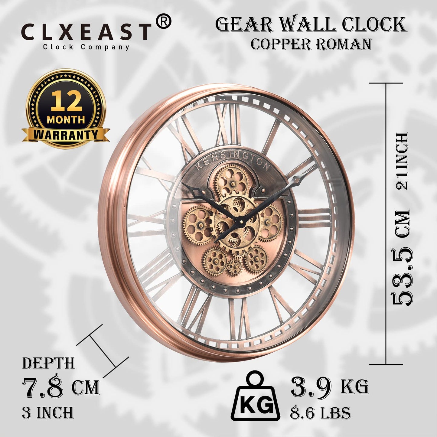 CLXEAST Large Modern Gear Clock with Moving Gears,Industrial Farmhouse Roman Numeral Metal Wall Clock for Living Room Decor,Office,Copper,Rose Gold (21 Inch)