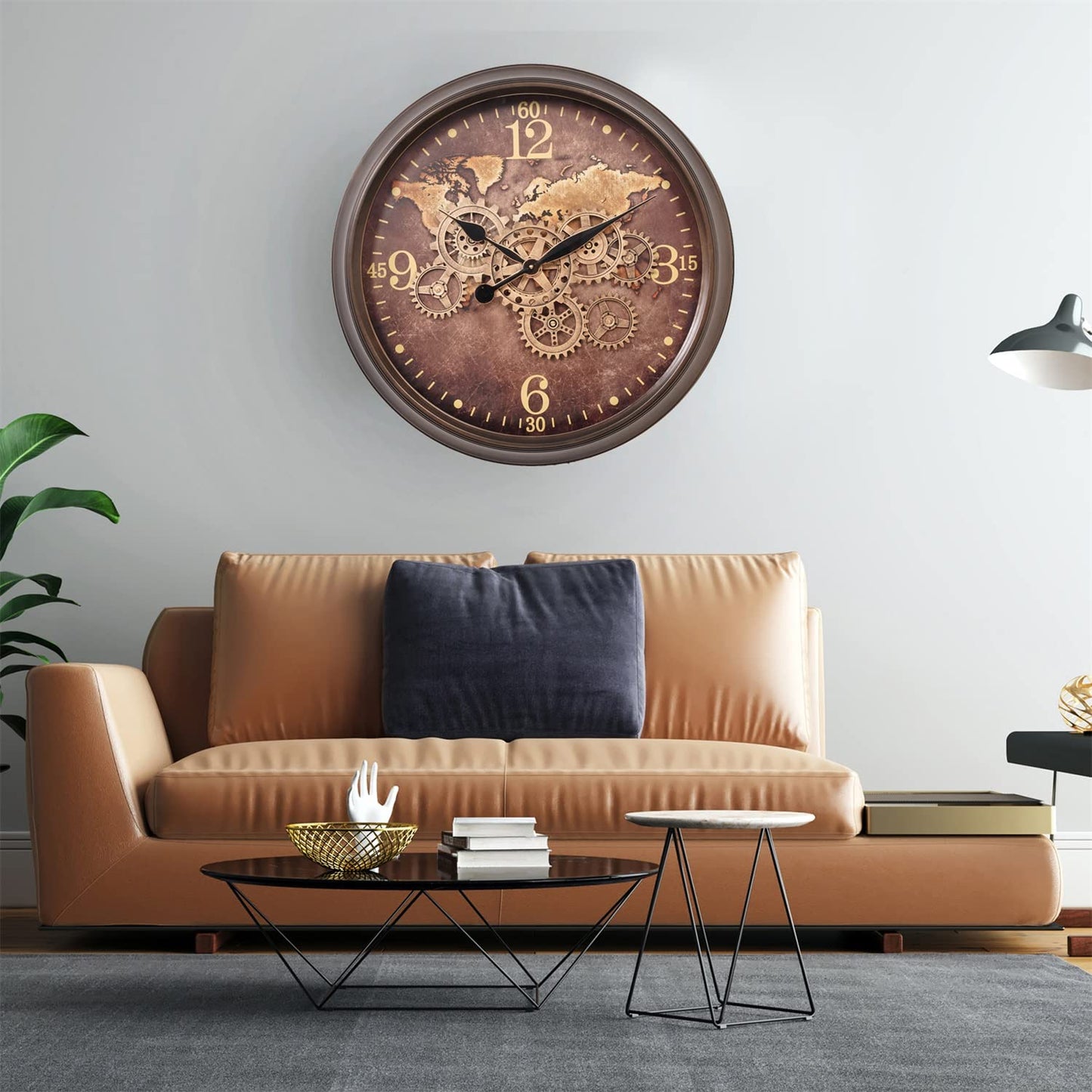 CLXEAST 24 Inch Large Wall Clock with Moving Gears, Industrial World Map Modern Wall Decor Clock, Oversized Cool Silent Wall Clock for Living Room Decor,Office,Oil Rubbed Bronze Brown