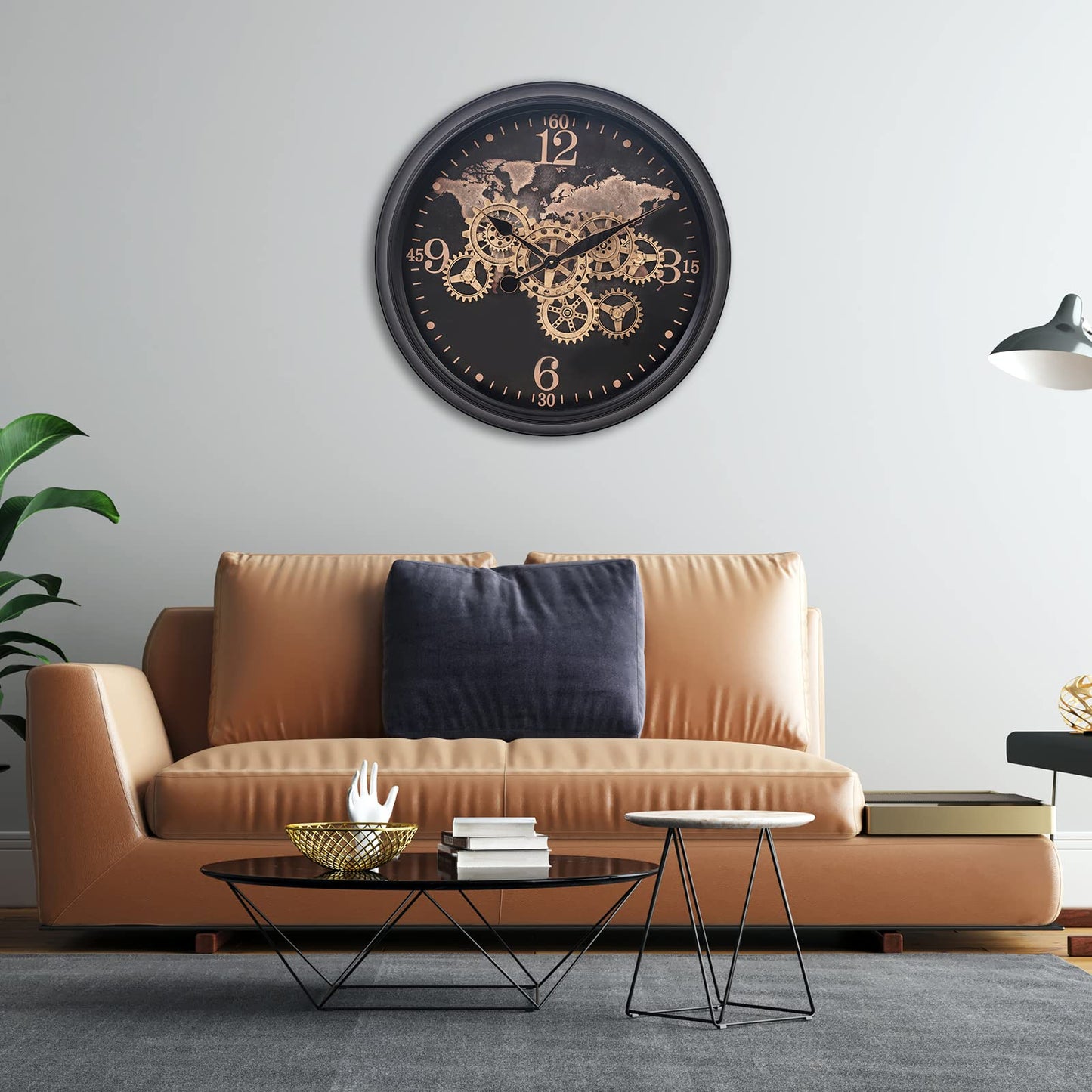 CLXEAST 24 Inch Wall Clock with Moving Gears,Large Industrial World Map Black Gold Metal Wall Clock for Modern Living Room Decor, Silent Non Ticking Unique Wall Clock for Office,Farmhouse