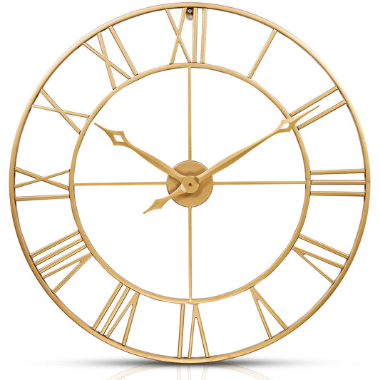 CLXEAST 30 Inch Wall Clock Gold,Large Metal Wall Clock Modern, Big Roman Numeral Silent Non Ticking Wall Clock for Living Room Decor, Office