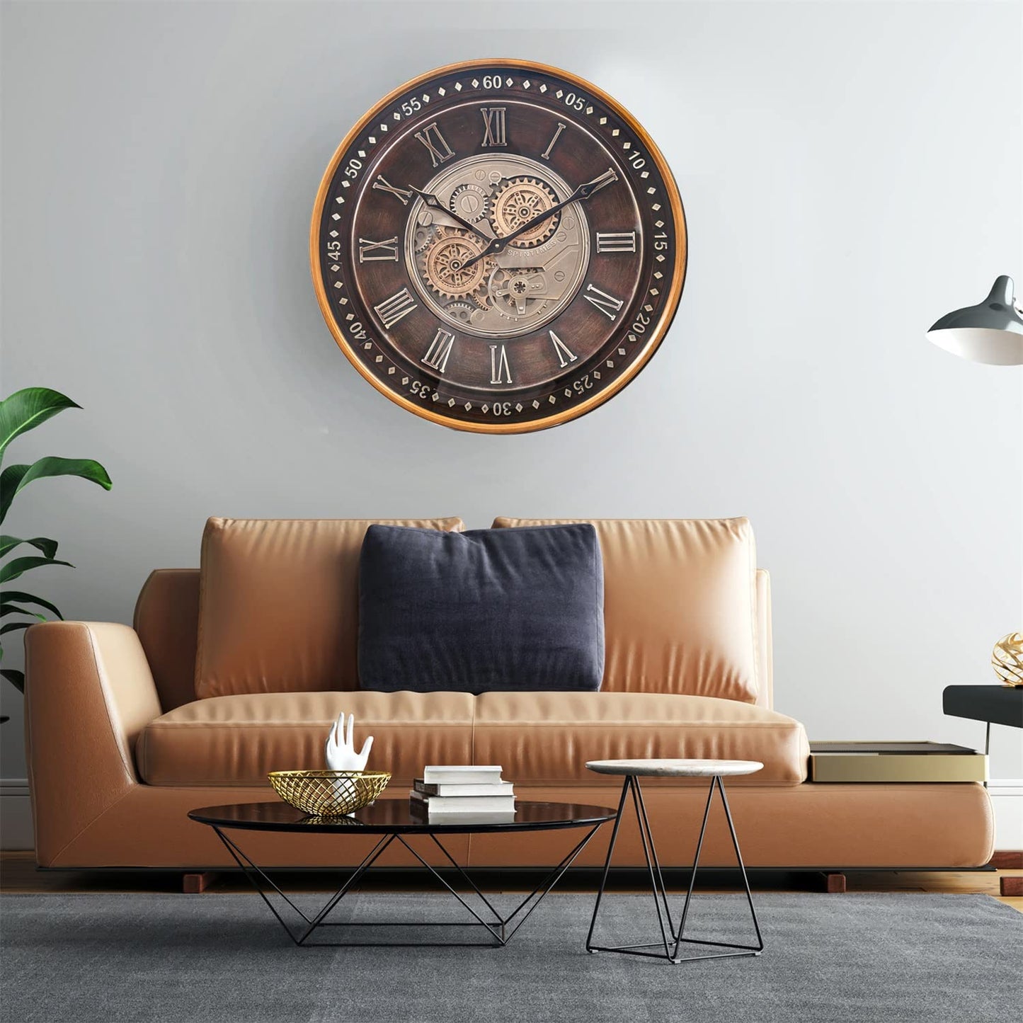 CLXEAST 24 Inch Wall Clock with Real Moving Gears,Oversized Large Industrial Steampunk Wall Clock, Antique Gold Big Roman Numeral Silent Metal Wall Clock for Living Room Decor,Office,Farmhouse