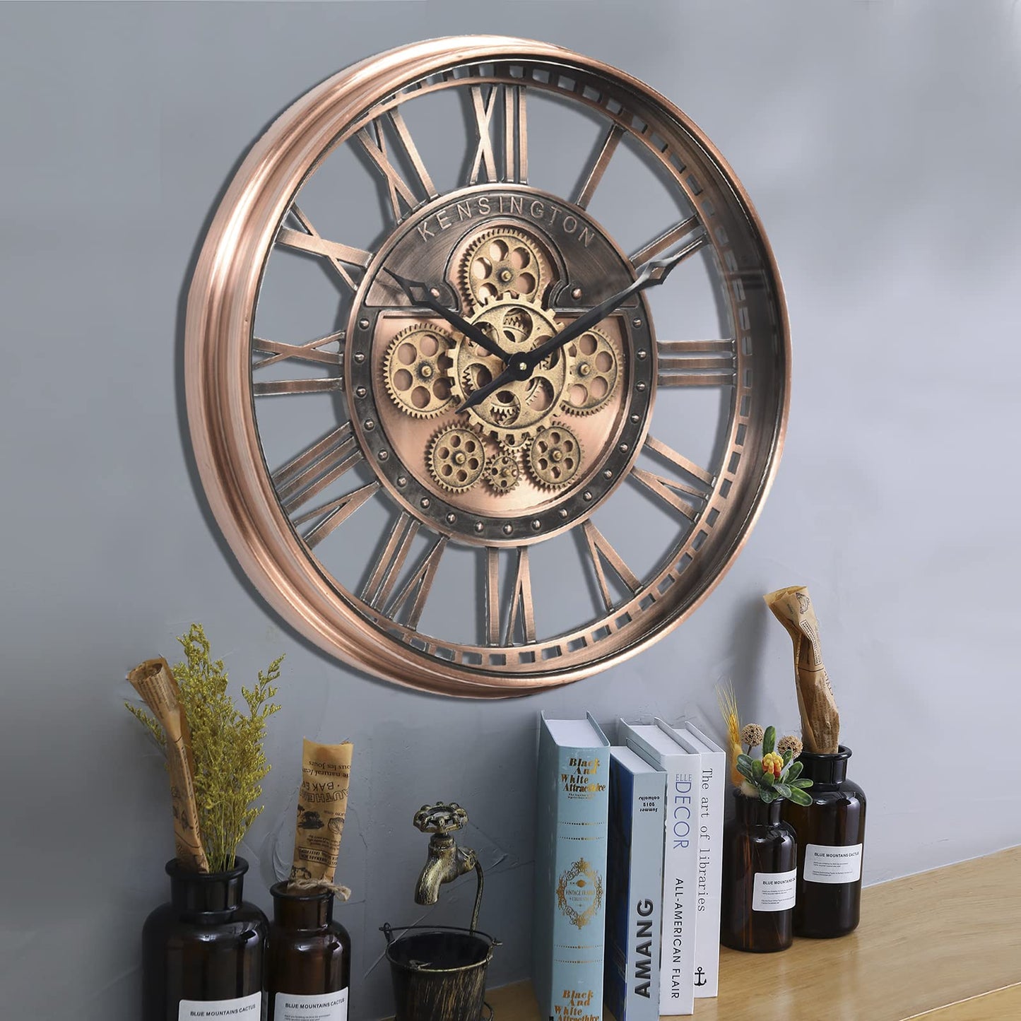 CLXEAST Large Modern Gear Clock with Moving Gears,Industrial Farmhouse Roman Numeral Metal Wall Clock for Living Room Decor,Office,Copper,Rose Gold (21 Inch)