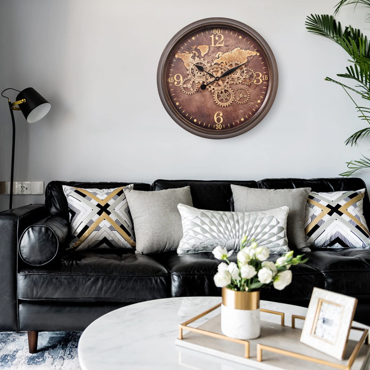 CLXEAST 24 Inch Large Wall Clock with Moving Gears, Industrial World Map Modern Wall Decor Clock, Oversized Cool Silent Wall Clock for Living Room Decor,Office,Oil Rubbed Bronze Brown