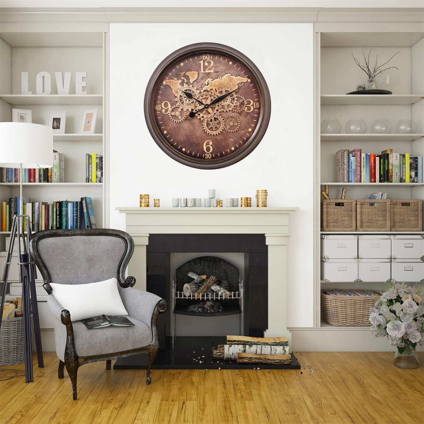 CLXEAST 24 Inch Large Wall Clock with Moving Gears, Industrial World Map Modern Wall Decor Clock, Oversized Cool Silent Wall Clock for Living Room Decor,Office,Oil Rubbed Bronze Brown