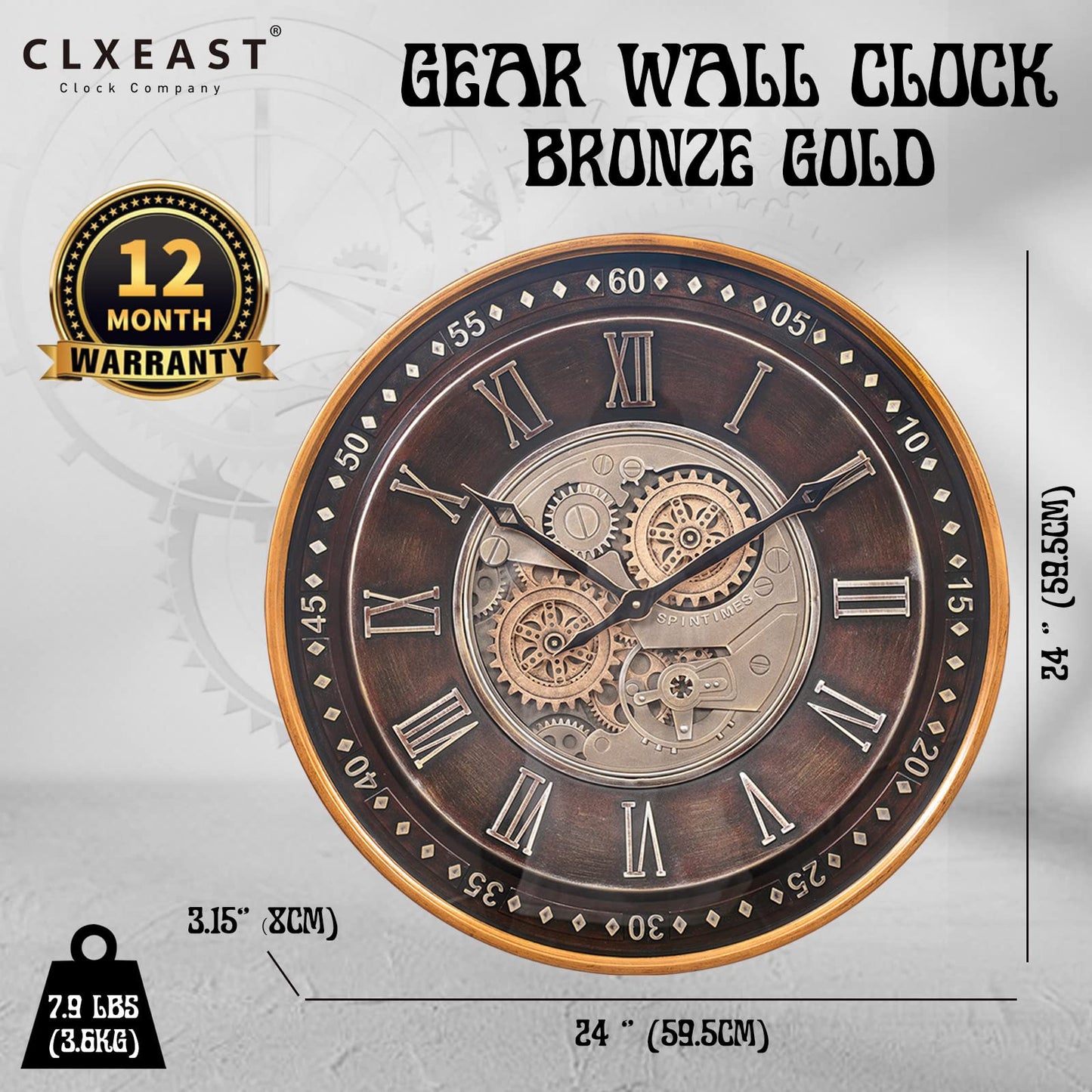 CLXEAST 24 Inch Wall Clock with Real Moving Gears,Oversized Large Industrial Steampunk Wall Clock, Antique Gold Big Roman Numeral Silent Metal Wall Clock for Living Room Decor,Office,Farmhouse