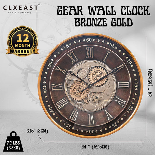 CLXEAST 24 Inch Wall Clock with Real Moving Gears,Oversized Large Industrial Steampunk Wall Clock, Antique Gold Big Roman Numeral Silent Metal Wall Clock for Living Room Decor,Office,Farmhouse