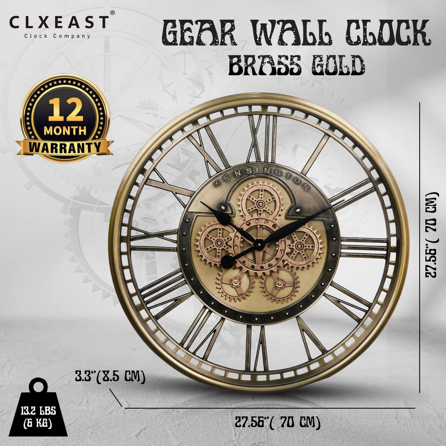 CLXEAST Oversized Moving Gear Wall Clock for Modern Living Room Decor,Industrial Vintage Extra Large Roman Numerals Silent Wall Clock for Farmhouse Home,Gold (28 Inch)