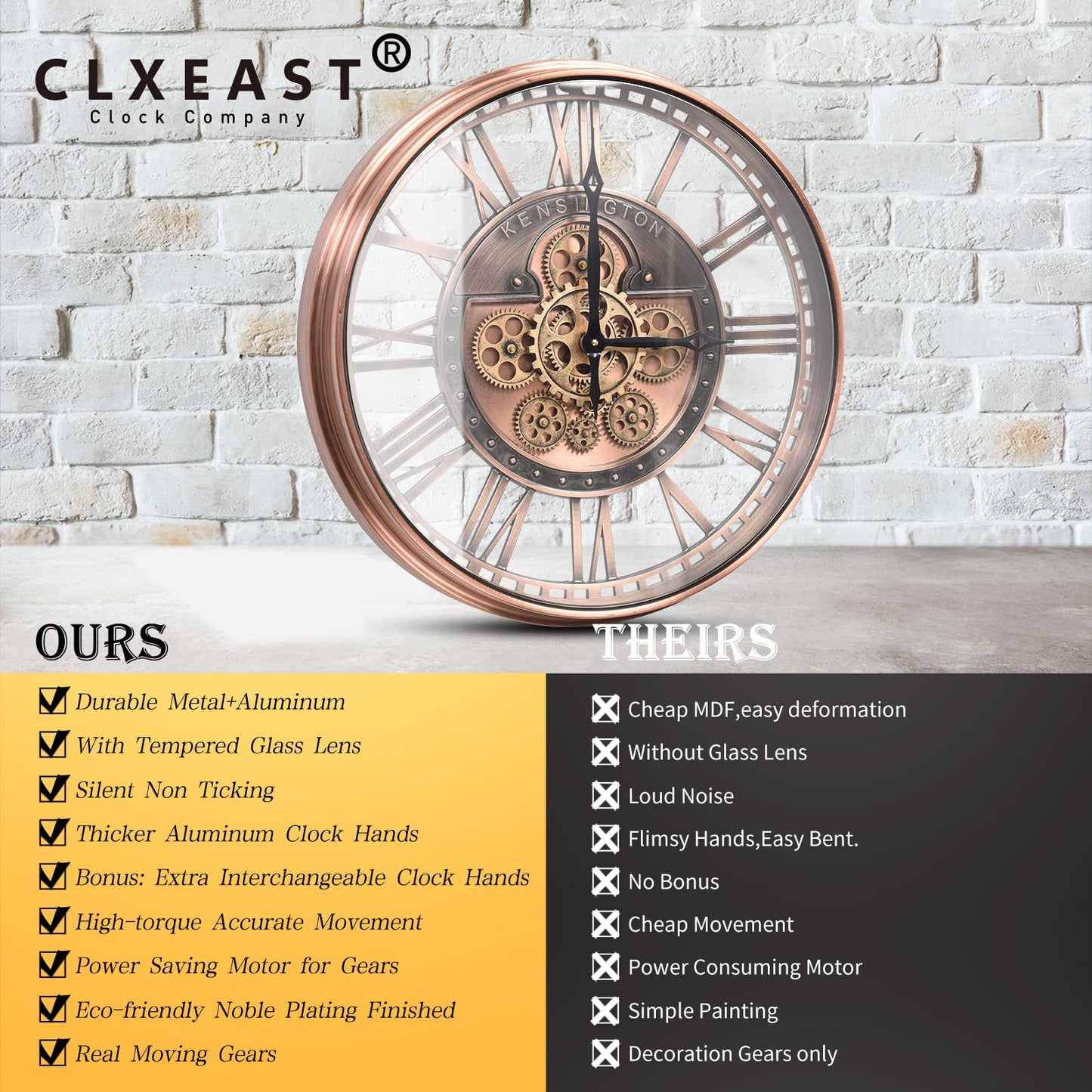 CLXEAST Large Modern Gear Clock with Moving Gears,Industrial Farmhouse Roman Numeral Metal Wall Clock for Living Room Decor,Office,Copper,Rose Gold (21 Inch)