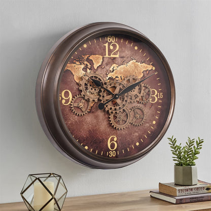 CLXEAST 24 Inch Large Wall Clock with Moving Gears, Industrial World Map Modern Wall Decor Clock, Oversized Cool Silent Wall Clock for Living Room Decor,Office,Oil Rubbed Bronze Brown