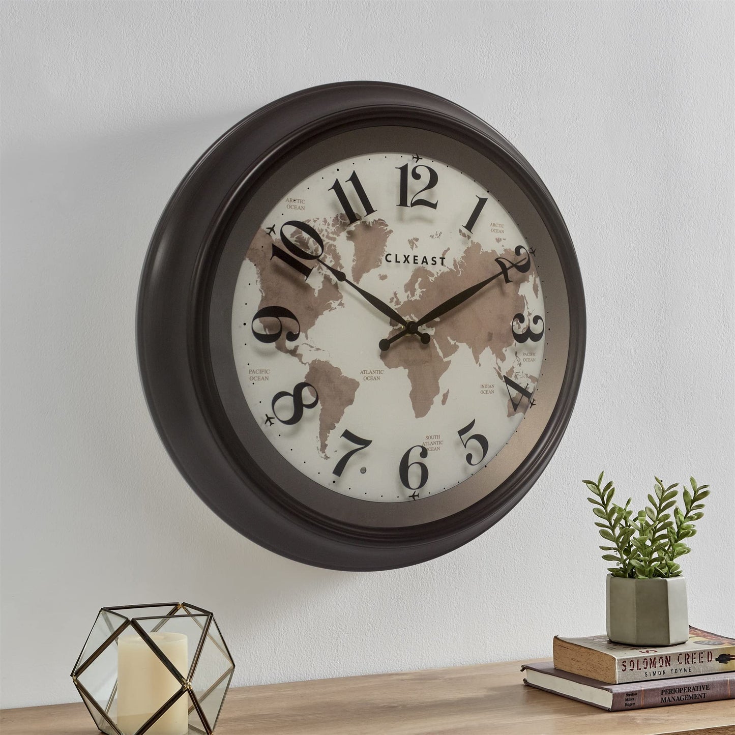 CLXEAST 18 Inch Glow in Dark Wall Clock with Smart Sensor for Living Room Decor,Large Modern Farmhouse Lighted Wall Clock with World Map,Decorative Silent Wall Clock,Oil Rubbed Bronze Black