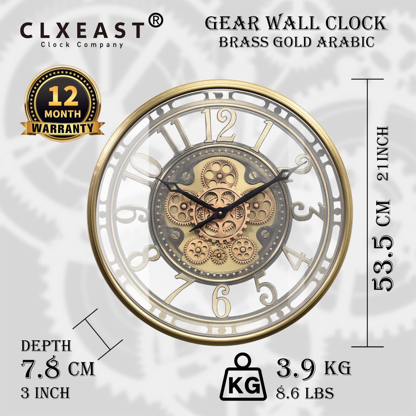 CLXEAST Industrial Moving Gears Wall Clock,Modern Farmhouse Arabic Numeral Battery Operated Silent Wall Clock for Living Room Decor, Brushed Gold (21 Inch)