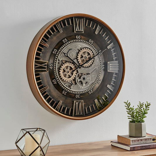 CLXEAST 24 Inch Large Real Moving Gear Wall Clock for Living Room Decor,Big Industrial Rustic Steampunk Wall Clock,Vintage Metal Bronze Gold Wall Clock for Office,Farmhouse