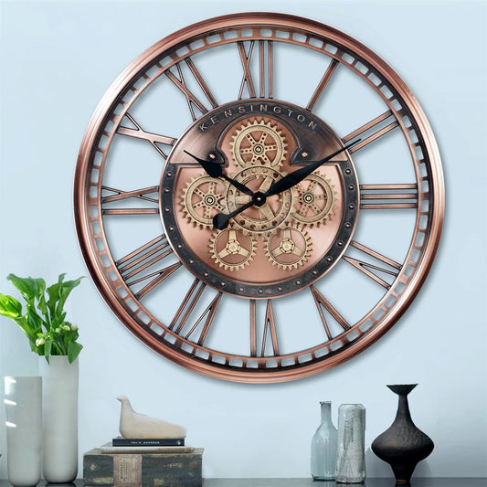 CLXEAST Oversized Moving Gears Wall Clock,Industrial Rustic Vintage Rose Gold Silent Wall Clock for Modern Farmhouse Living Room Decor, Bronze Copper (28 Inch)