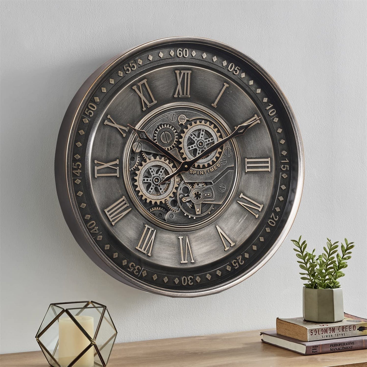 CLXEAST 24 Inch Large Moving Gear Wall Clock for Living Room Decor,Industrial Steampunk Wall Clock, Antique Silver Metal Wall Clock, Big Roman Numerals Silent Wall Clock for Office,Farmhouse