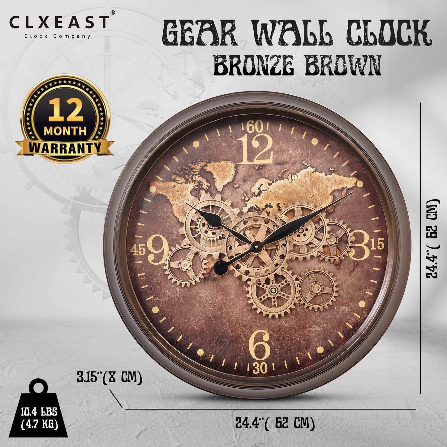 CLXEAST 24 Inch Large Wall Clock with Moving Gears, Industrial World Map Modern Wall Decor Clock, Oversized Cool Silent Wall Clock for Living Room Decor,Office,Oil Rubbed Bronze Brown