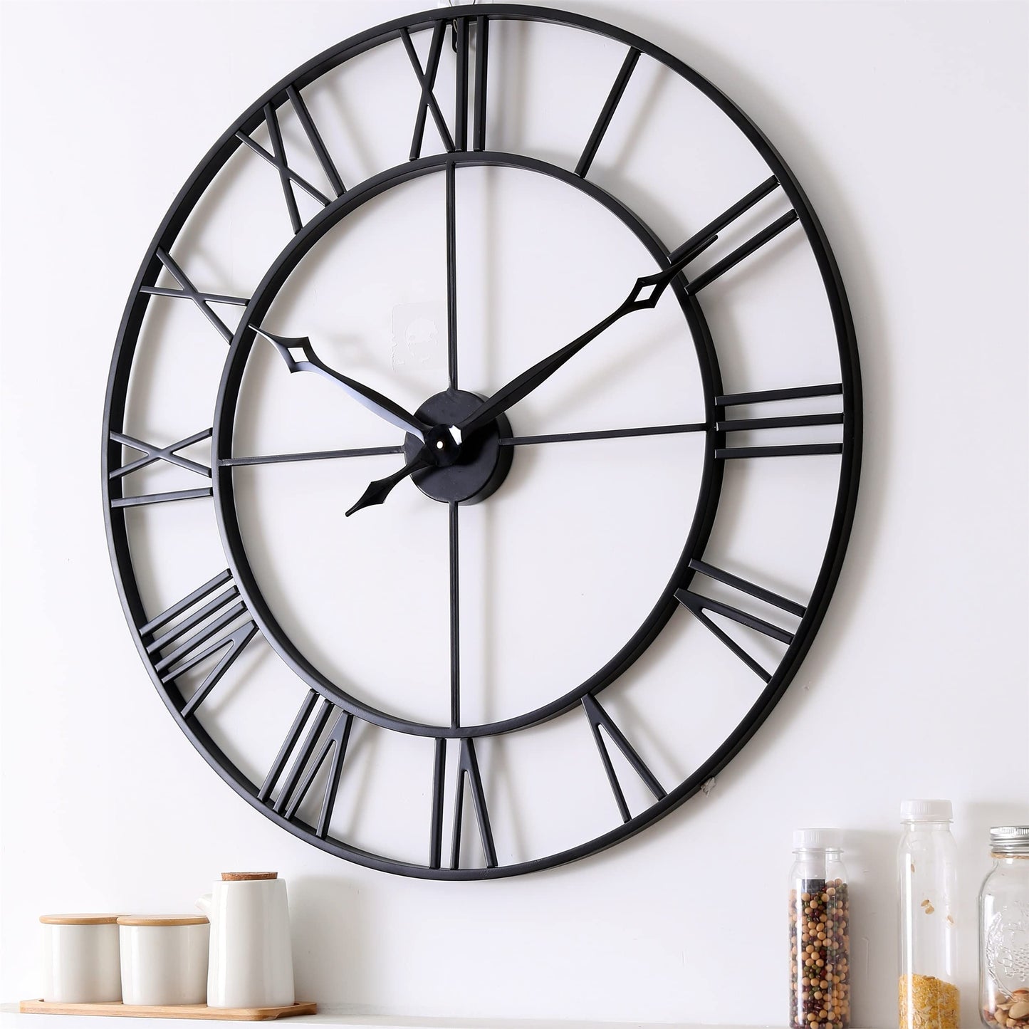 CLXEAST 30 Inch Large Wall Clock Modern, Oversized Roman Numeral Decorative Art Metal Wall Clock, Indoor Silent Clock for Living Room Decor,Fireplace ,Office- Black(30")