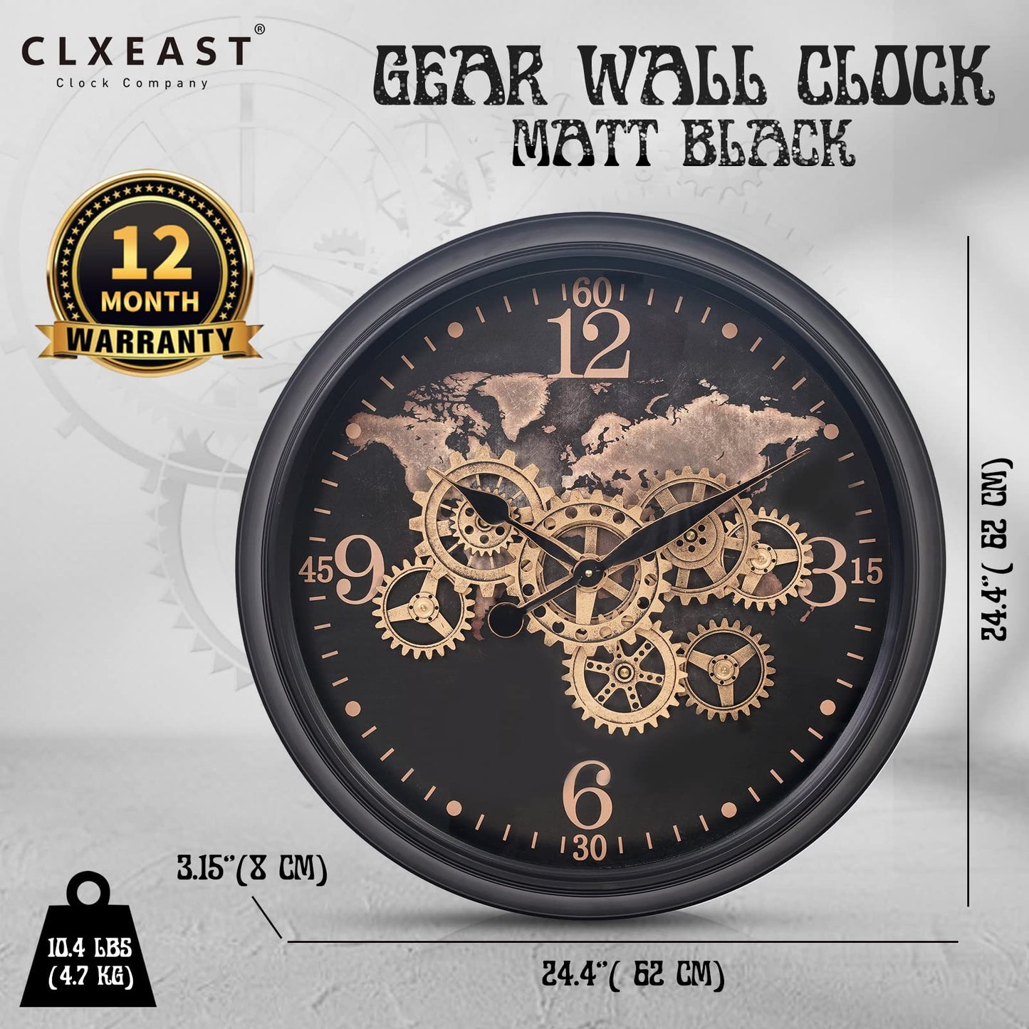 CLXEAST 24 Inch Wall Clock with Moving Gears,Large Industrial World Map Black Gold Metal Wall Clock for Modern Living Room Decor, Silent Non Ticking Unique Wall Clock for Office,Farmhouse