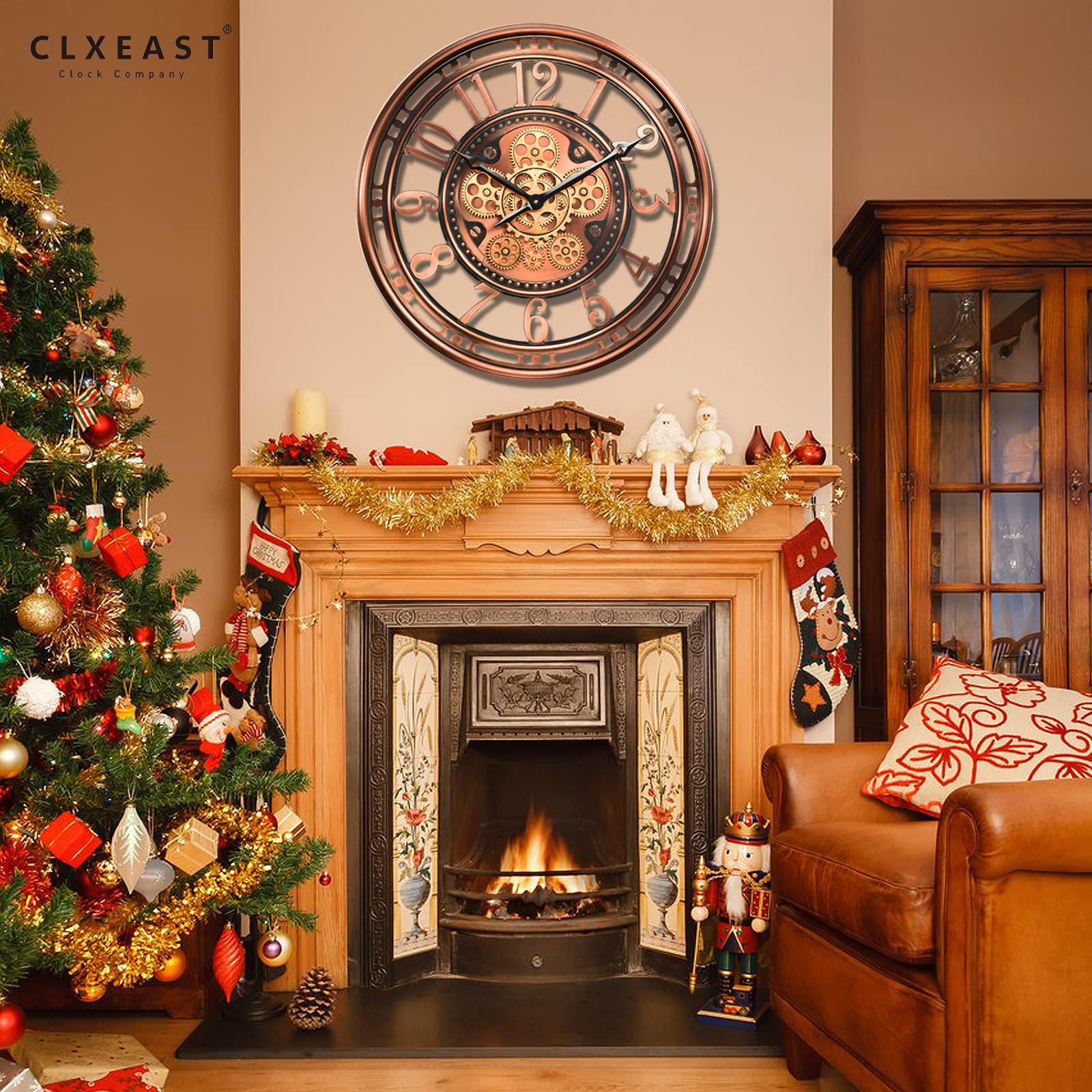 CLXEAST Moving Gear Wall Clock for Modern Living Room Decor, Large