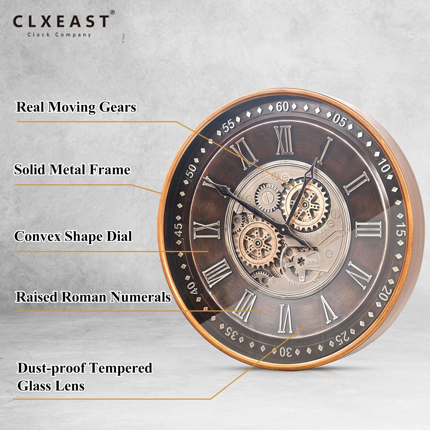 CLXEAST 24 Inch Wall Clock with Real Moving Gears,Oversized Large Industrial Steampunk Wall Clock, Antique Gold Big Roman Numeral Silent Metal Wall Clock for Living Room Decor,Office,Farmhouse