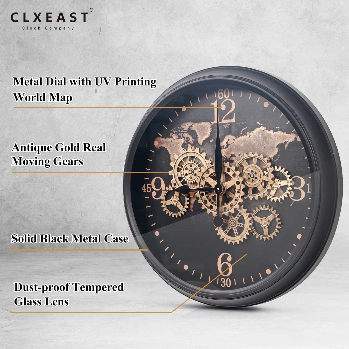 CLXEAST 24 Inch Wall Clock with Moving Gears,Large Industrial World Map Black Gold Metal Wall Clock for Modern Living Room Decor, Silent Non Ticking Unique Wall Clock for Office,Farmhouse