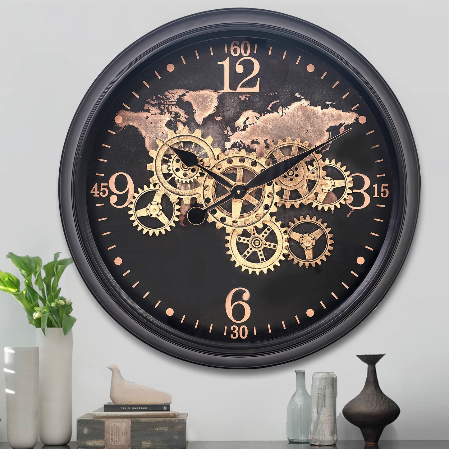 CLXEAST 24 Inch Wall Clock with Moving Gears,Large Industrial World Map Black Gold Metal Wall Clock for Modern Living Room Decor, Silent Non Ticking Unique Wall Clock for Office,Farmhouse