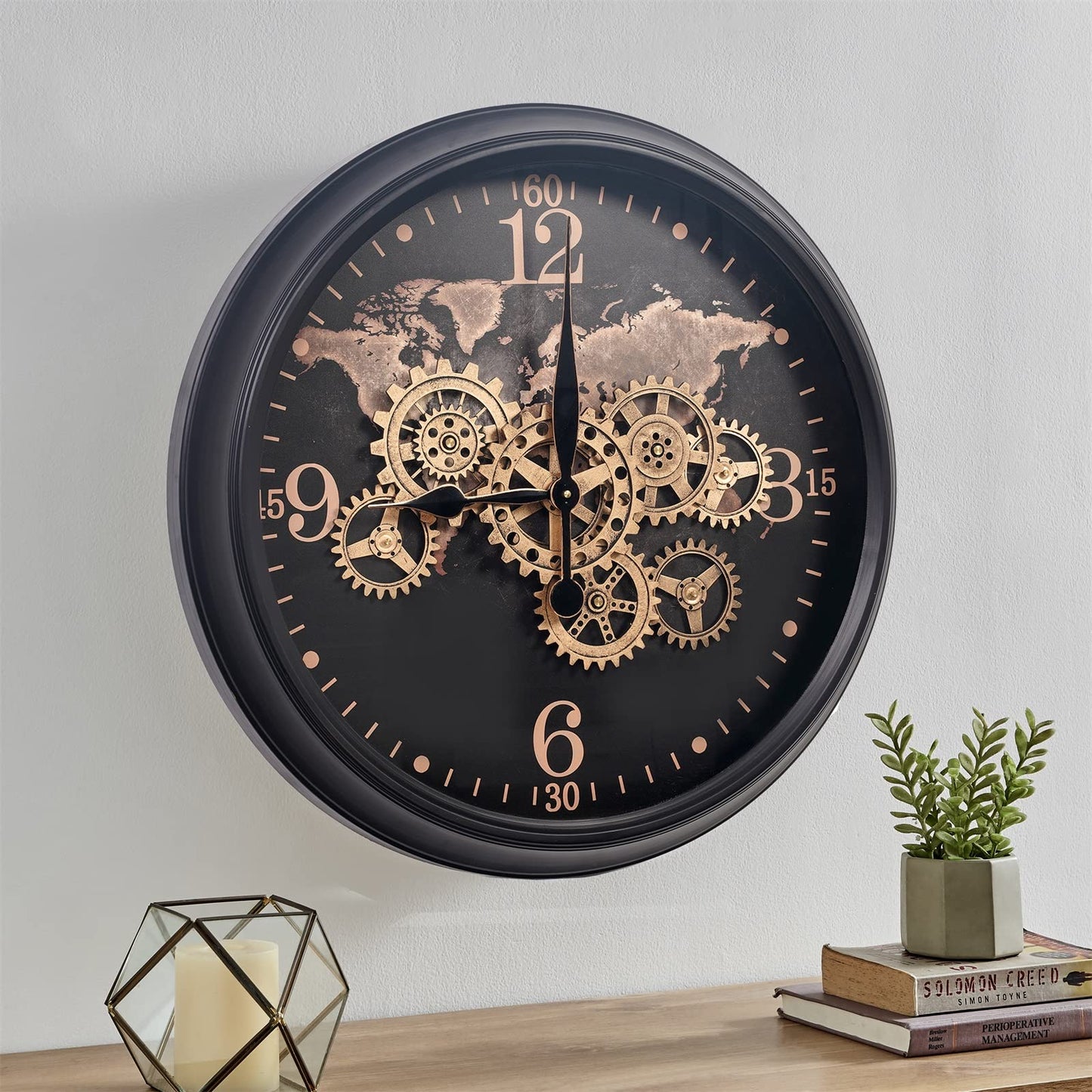 CLXEAST 24 Inch Wall Clock with Moving Gears,Large Industrial World Map Black Gold Metal Wall Clock for Modern Living Room Decor, Silent Non Ticking Unique Wall Clock for Office,Farmhouse