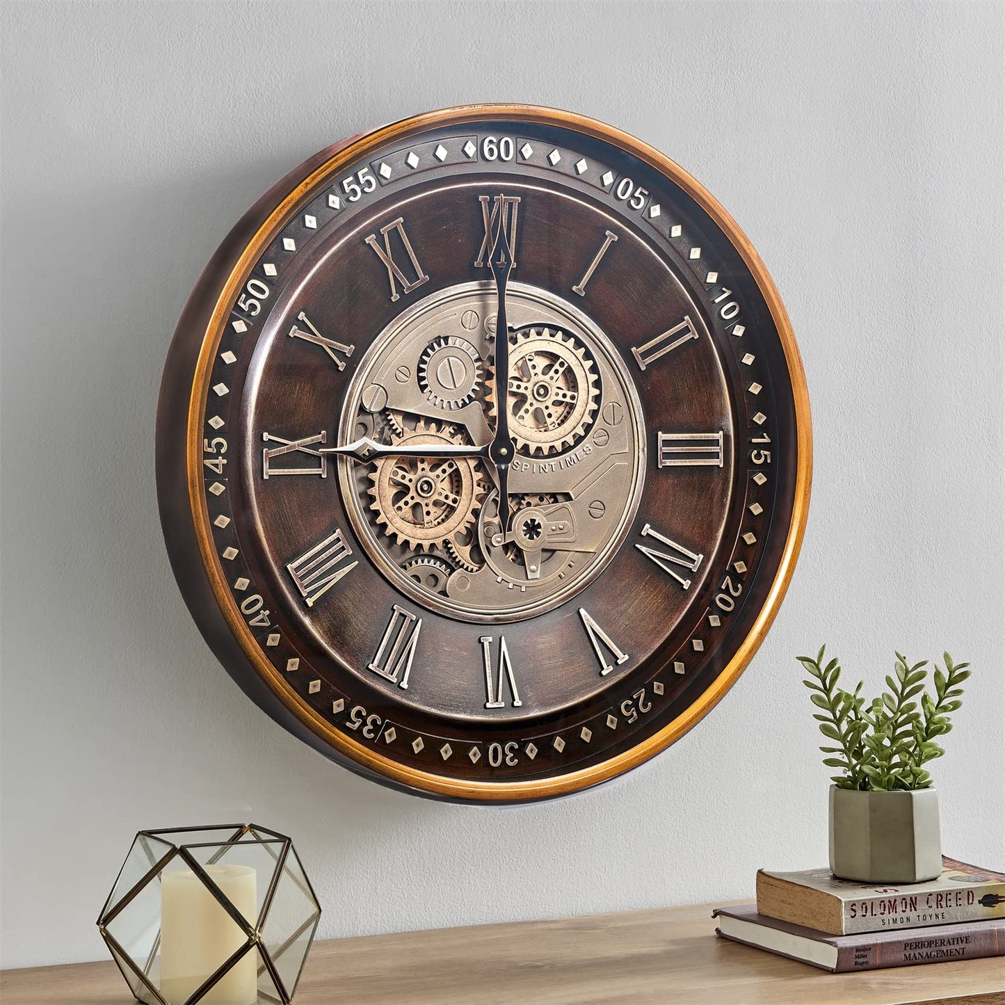 CLXEAST 24 Inch Wall Clock with Real Moving Gears,Oversized Large Industrial Steampunk Wall Clock, Antique Gold Big Roman Numeral Silent Metal Wall Clock for Living Room Decor,Office,Farmhouse