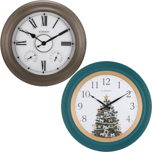 CLXEAST Illuminated Outdoor Clocks Waterproof 24 Inch with Smart Sensor+18 Inch Illuminated Teal Wall Clock for Christmas Decorations, Lighted Wall Clock with Smart Sensor