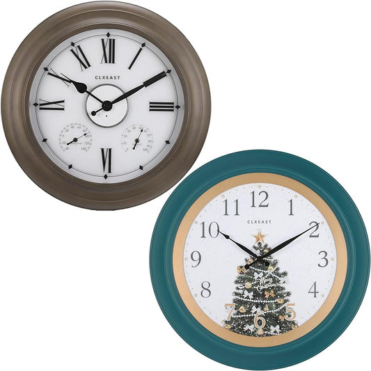 CLXEAST Illuminated Outdoor Clocks Waterproof 24 Inch with Smart Sensor+18 Inch Illuminated Teal Wall Clock for Christmas Decorations, Lighted Wall Clock with Smart Sensor