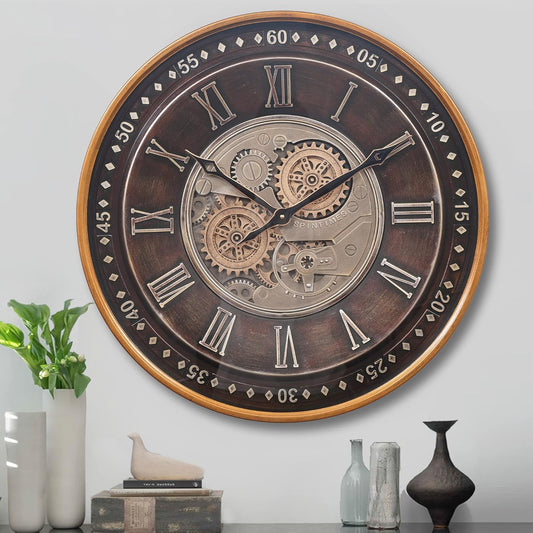 CLXEAST 24 Inch Wall Clock with Moving Gears,Oversized Large Industrial Steampunk Wall Clock, Antique Gold Metal Roman Numeral Wall Clocks for Farmhouse Living Room Decor